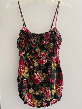 Forever 21 Black Floral Ruffle Cami with Red & Yellow Blooms